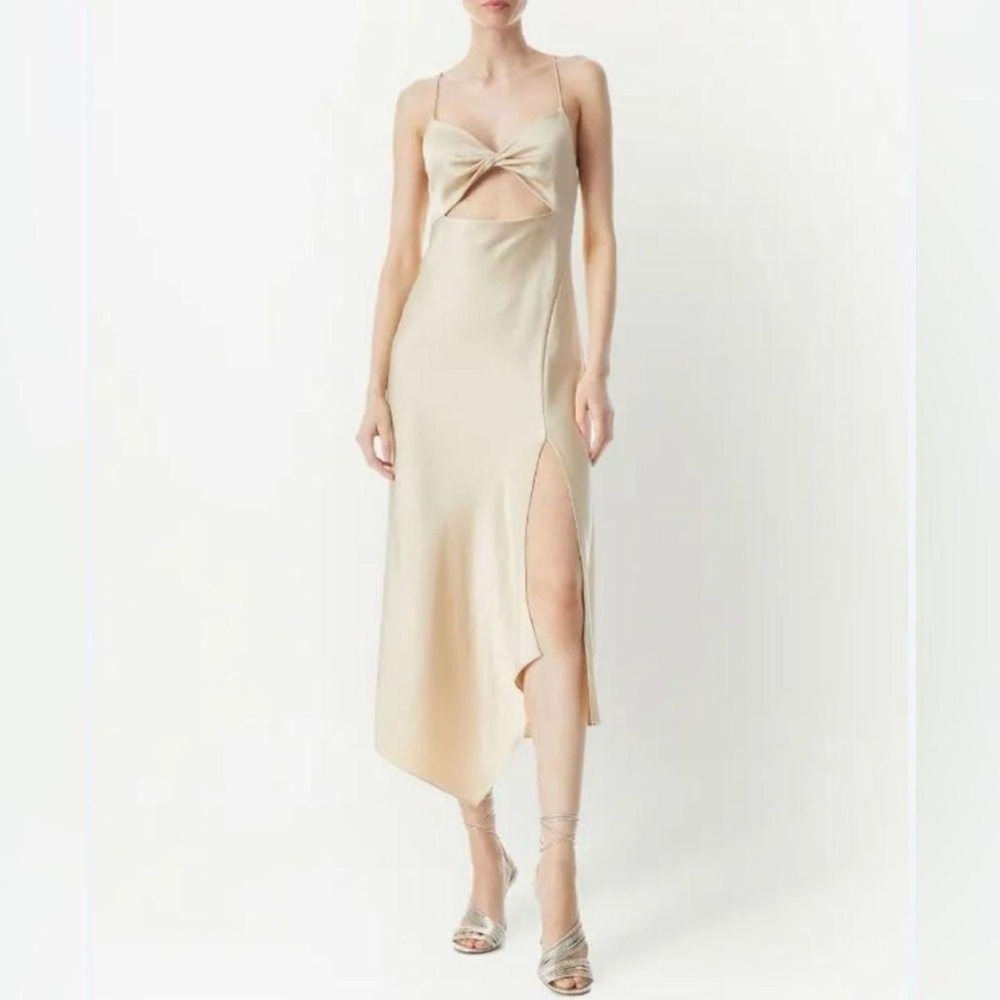 Alice + Olivia Harmony Asymmetrical Midi Dress in Sand Front Cutout